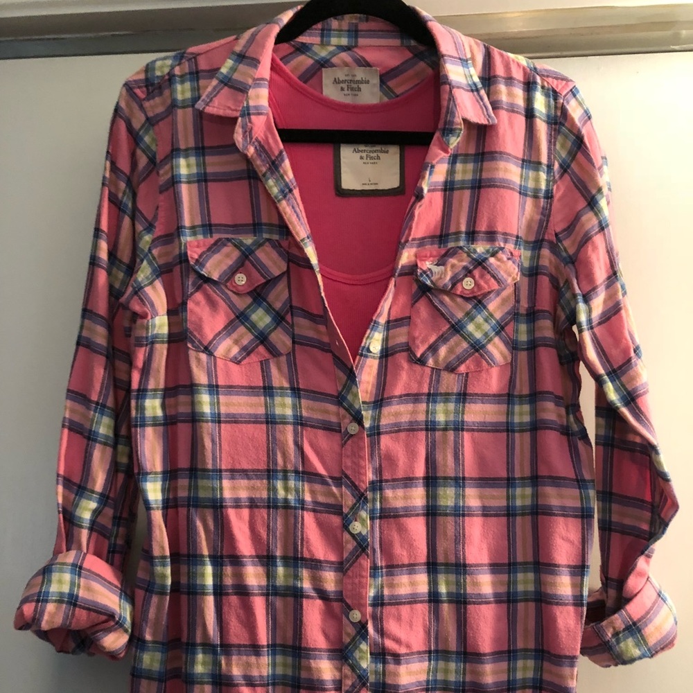 A&F PINK PLAID FLANNEL SHIRT, SZ LG